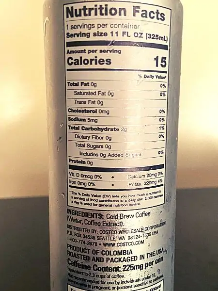 Costco Kirkland Cold Brew Coffee Caffeine Content and Nutrition Facts